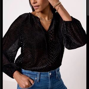 Evereve Arlo Burnout Velvet Black Sheer Blouse Top $88 NWT New Size Medium